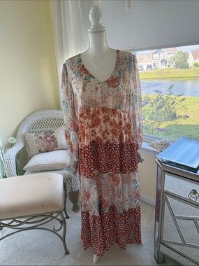 Umgee floral mixed media patchwork sheer flowing boho teired sun dress romantic